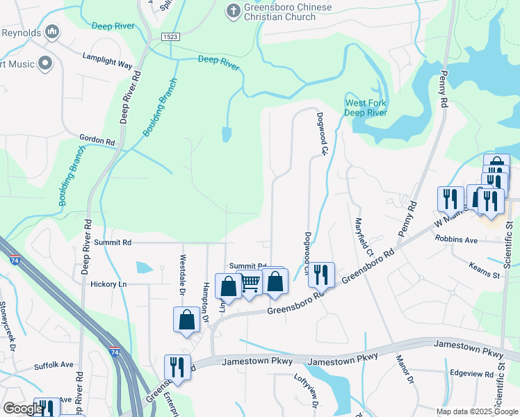 map of restaurants, bars, coffee shops, grocery stores, and more near 401 Dogwood Circle in High Point