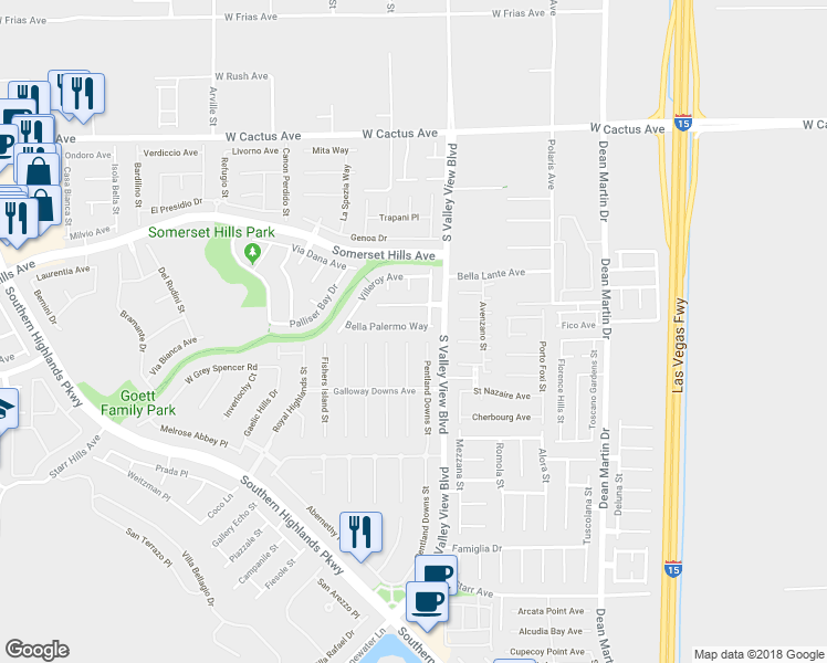 map of restaurants, bars, coffee shops, grocery stores, and more near 3901 Bella Palermo Way in Las Vegas