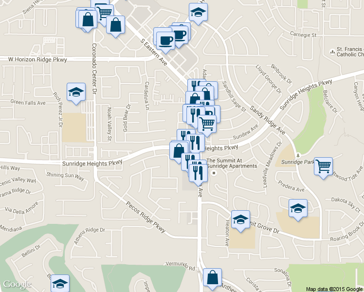 map of restaurants, bars, coffee shops, grocery stores, and more near 12635 Sunridge Heights Parkway in Henderson