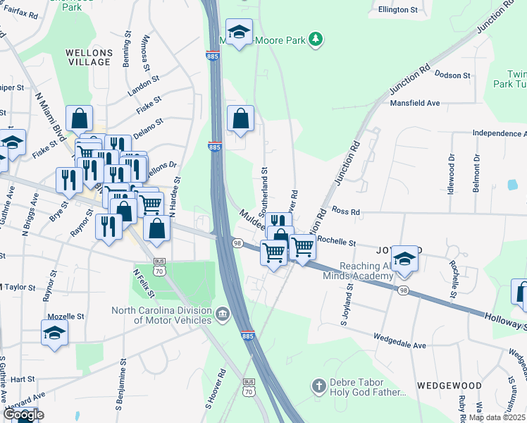 map of restaurants, bars, coffee shops, grocery stores, and more near 122 Southerland Street in Durham