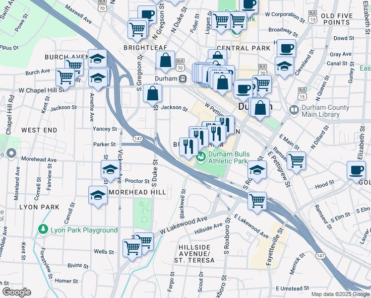 map of restaurants, bars, coffee shops, grocery stores, and more near 2 Julian Carr Street in Durham