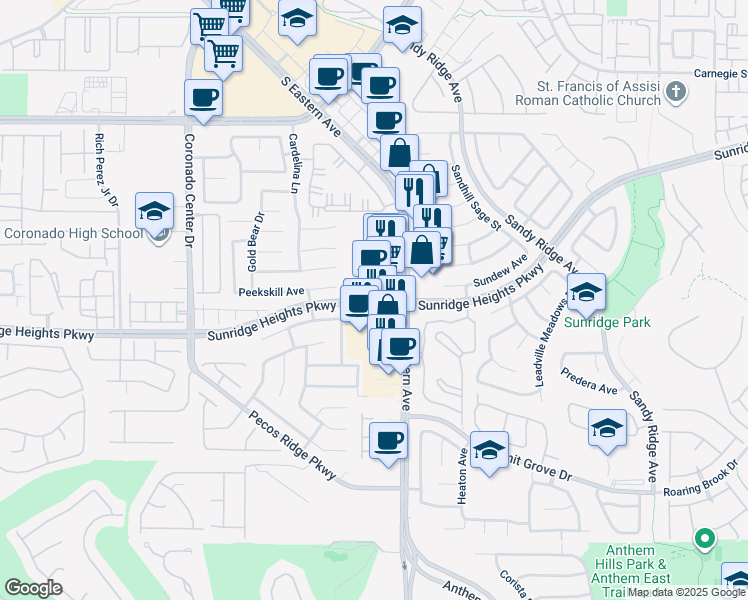 map of restaurants, bars, coffee shops, grocery stores, and more near 12635 Sunridge Heights Parkway in Henderson