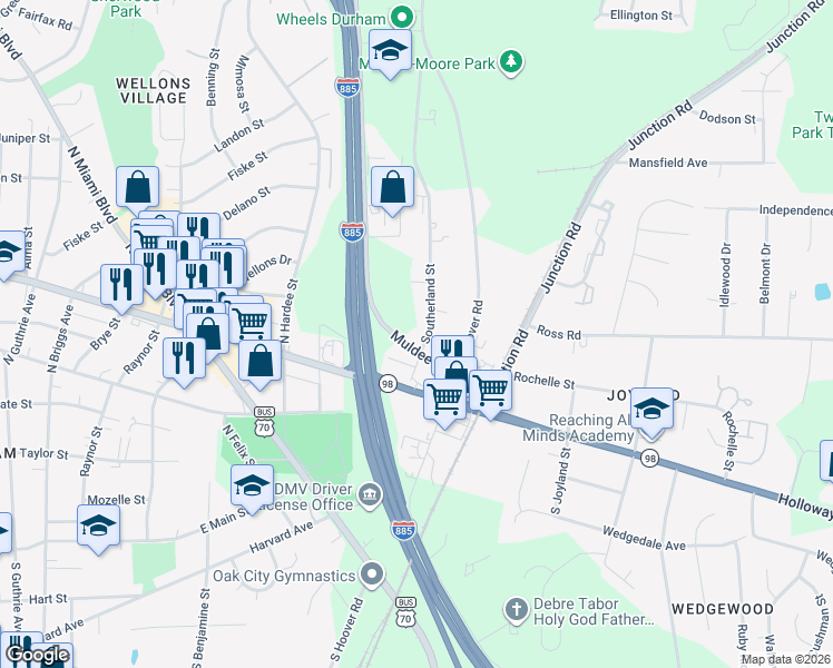 map of restaurants, bars, coffee shops, grocery stores, and more near 117 Southerland Street in Durham