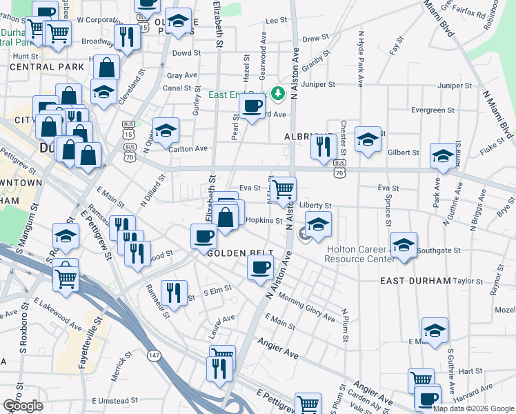 map of restaurants, bars, coffee shops, grocery stores, and more near 726 Liberty Street in Durham