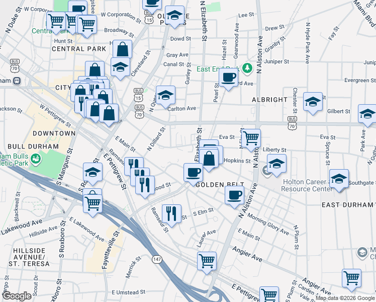 map of restaurants, bars, coffee shops, grocery stores, and more near 544 Liberty Street in Durham