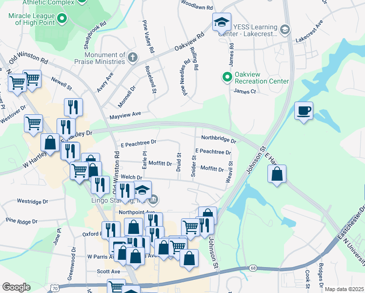 map of restaurants, bars, coffee shops, grocery stores, and more near 316 Druid Street in High Point