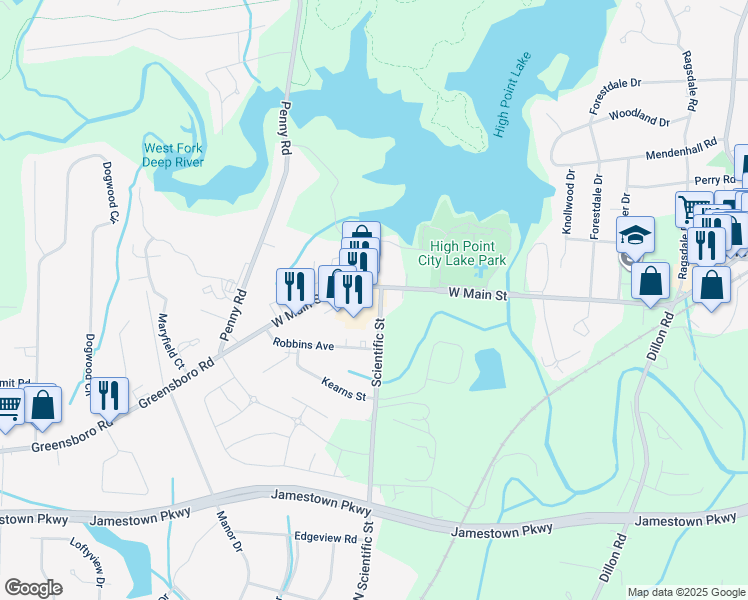 map of restaurants, bars, coffee shops, grocery stores, and more near 701 West Main Street in Jamestown