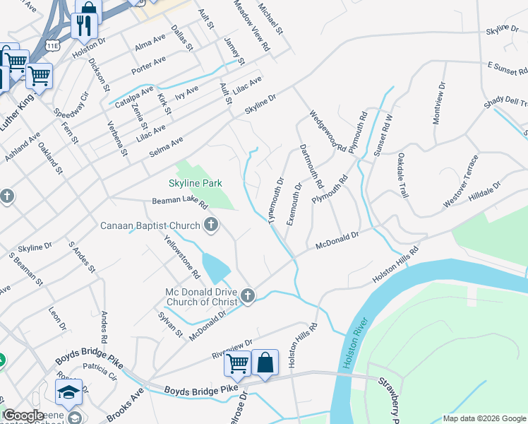 map of restaurants, bars, coffee shops, grocery stores, and more near 4411 Tynemouth Drive in Knoxville