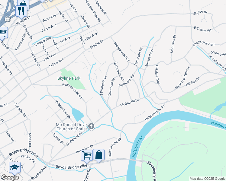map of restaurants, bars, coffee shops, grocery stores, and more near 4416 Exemouth Drive in Knoxville