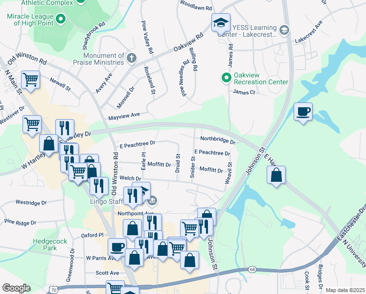 map of restaurants, bars, coffee shops, grocery stores, and more near 316 Druid Street in High Point