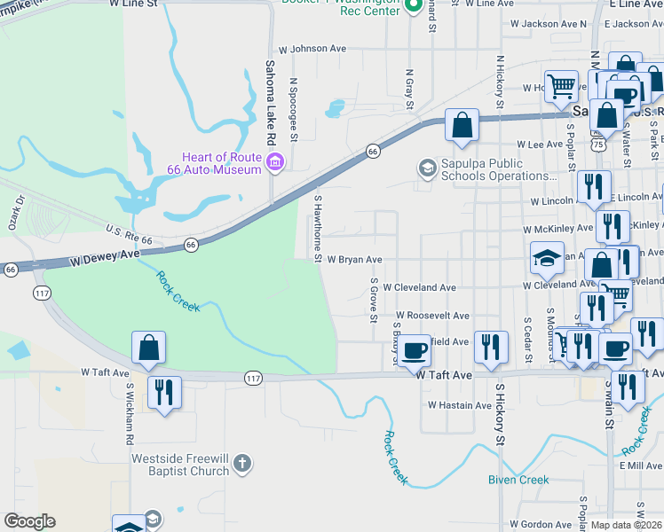 map of restaurants, bars, coffee shops, grocery stores, and more near 1004 West Bryan Avenue in Sapulpa