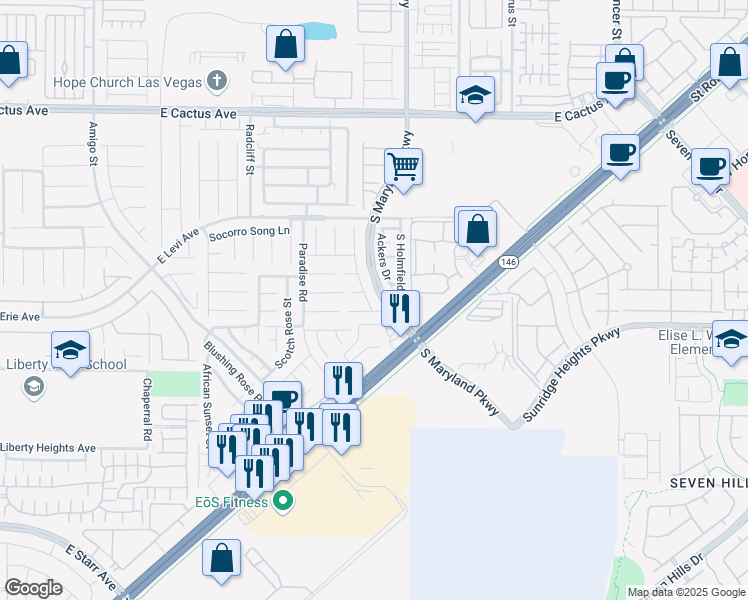 map of restaurants, bars, coffee shops, grocery stores, and more near 10856 Meridian Mills Road in Henderson