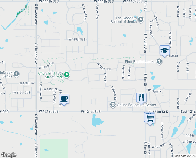 map of restaurants, bars, coffee shops, grocery stores, and more near 1203 West 118th Street South in Jenks
