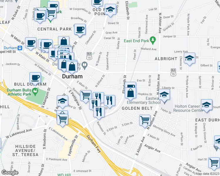 map of restaurants, bars, coffee shops, grocery stores, and more near 540 Liberty Street in Durham