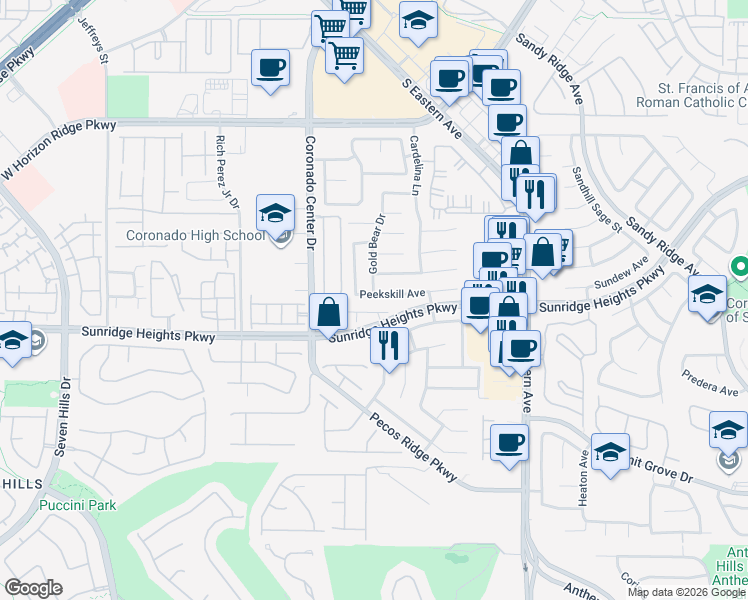 map of restaurants, bars, coffee shops, grocery stores, and more near 2708 Kona Crest Avenue in Henderson