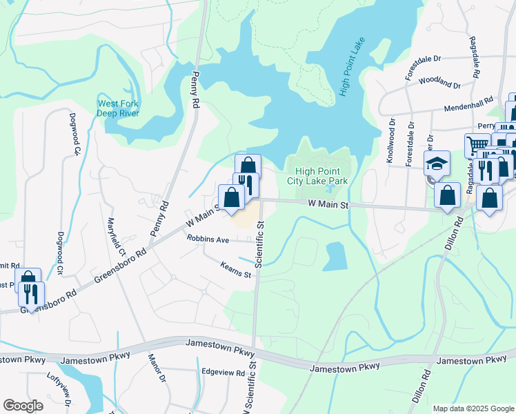 map of restaurants, bars, coffee shops, grocery stores, and more near 701 West Main Street in Jamestown