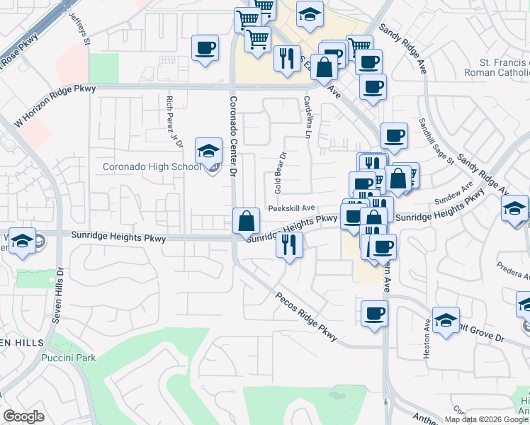 map of restaurants, bars, coffee shops, grocery stores, and more near 2743 Peekskill Avenue in Henderson