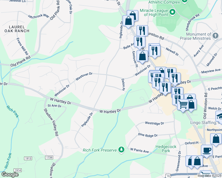 map of restaurants, bars, coffee shops, grocery stores, and more near 411 Pine Grove Drive in High Point