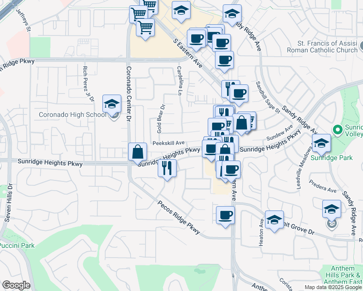 map of restaurants, bars, coffee shops, grocery stores, and more near 2717 Peekskill Avenue in Henderson