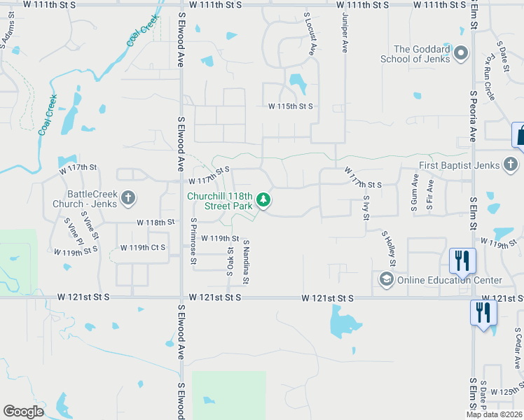 map of restaurants, bars, coffee shops, grocery stores, and more near 1417 West 118th St S in Jenks