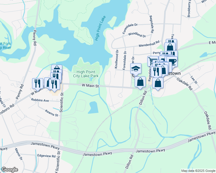 map of restaurants, bars, coffee shops, grocery stores, and more near 508 West Main Street in Jamestown