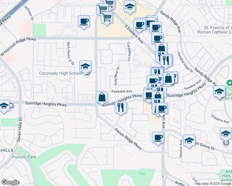 map of restaurants, bars, coffee shops, grocery stores, and more near 2708 Kona Crest Avenue in Henderson