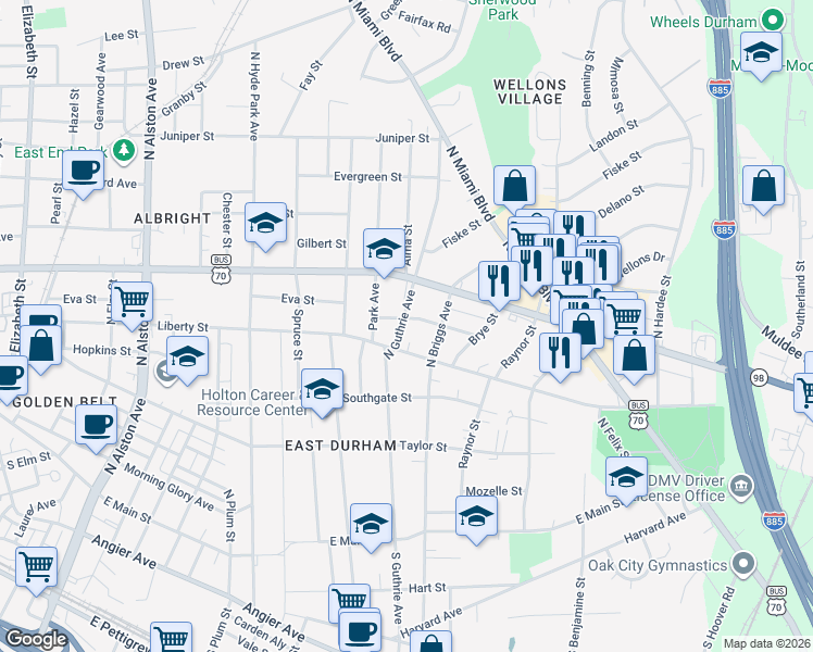 map of restaurants, bars, coffee shops, grocery stores, and more near 705 North Guthrie Avenue in Durham