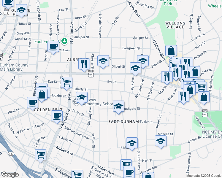 map of restaurants, bars, coffee shops, grocery stores, and more near 1114 Liberty Street in Durham
