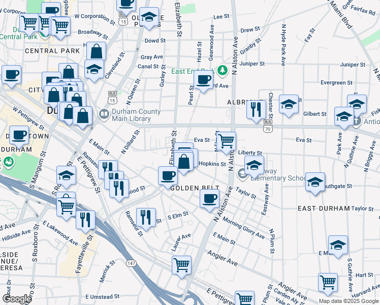 map of restaurants, bars, coffee shops, grocery stores, and more near 607 Belt Street in Durham