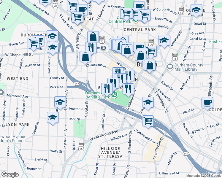 map of restaurants, bars, coffee shops, grocery stores, and more near 2 Julian Carr Street in Durham