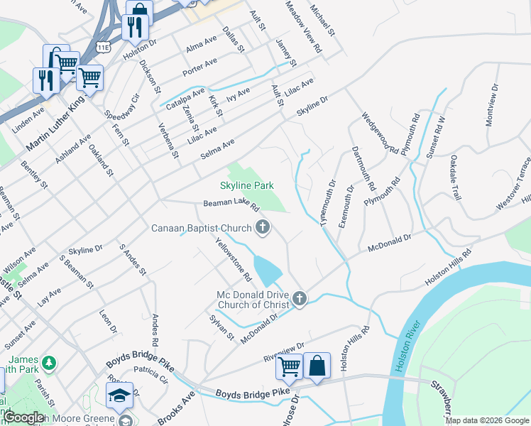 map of restaurants, bars, coffee shops, grocery stores, and more near 1104 Beaman Lake Road in Knoxville