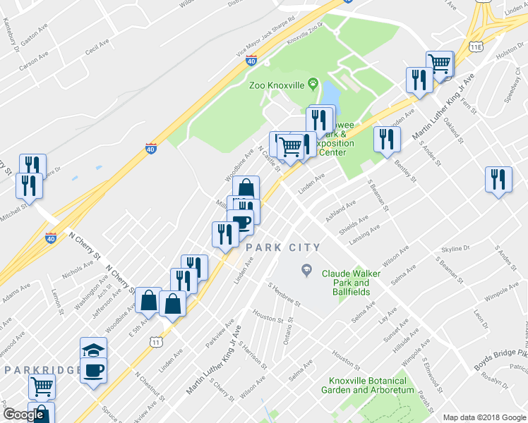 map of restaurants, bars, coffee shops, grocery stores, and more near 2927 Linden Avenue in Knoxville