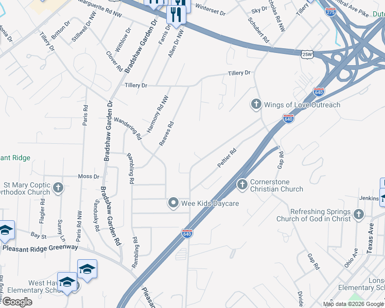 map of restaurants, bars, coffee shops, grocery stores, and more near 1655 Wilson Road in Knoxville