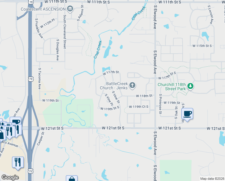 map of restaurants, bars, coffee shops, grocery stores, and more near 11724 South Vine Street in Jenks