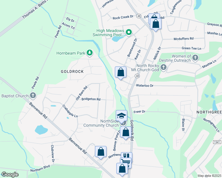map of restaurants, bars, coffee shops, grocery stores, and more near 1825 Sparrow Hawk Lane in Rocky Mount