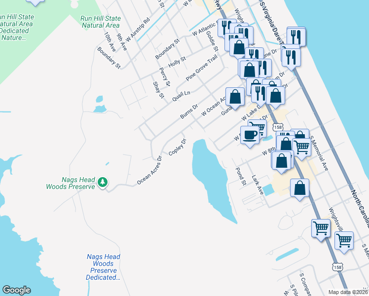 map of restaurants, bars, coffee shops, grocery stores, and more near 513 Copley Dr in Kill Devil Hills