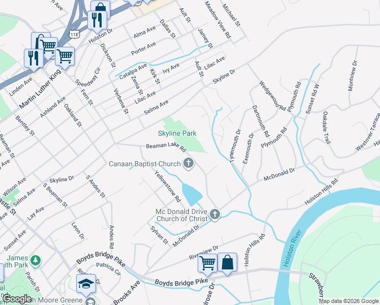 map of restaurants, bars, coffee shops, grocery stores, and more near 1104 Beaman Lake Road in Knoxville