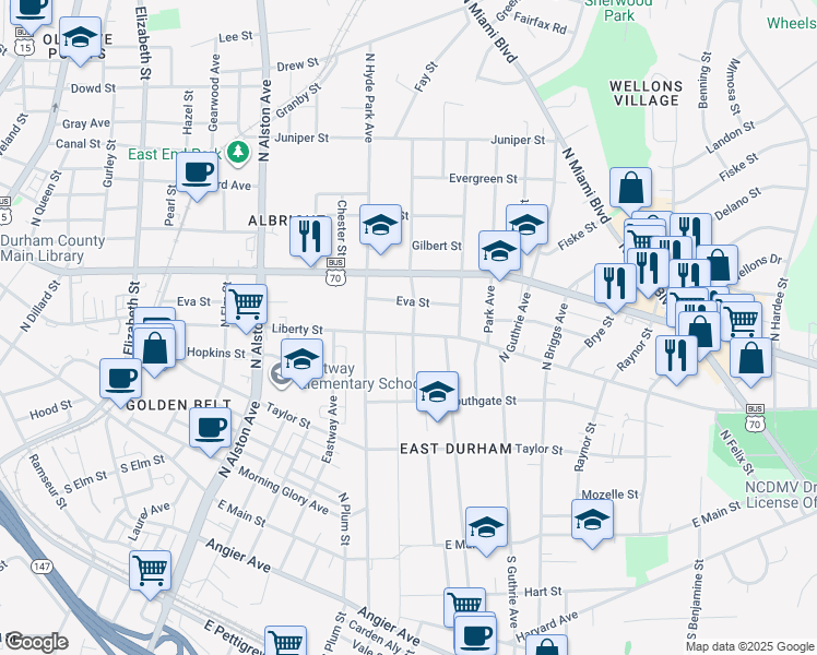 map of restaurants, bars, coffee shops, grocery stores, and more near 1114 Liberty Street in Durham