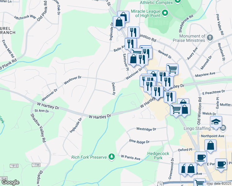 map of restaurants, bars, coffee shops, grocery stores, and more near 403 Pine Grove Drive in High Point