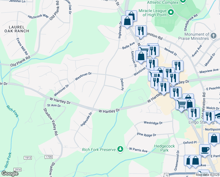 map of restaurants, bars, coffee shops, grocery stores, and more near 411 Pine Grove Drive in High Point
