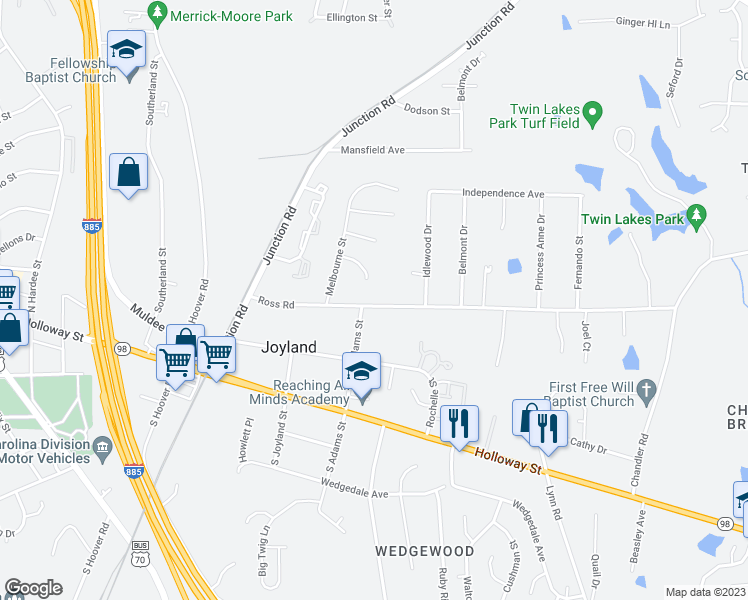 map of restaurants, bars, coffee shops, grocery stores, and more near 2607 Ross Road in Durham