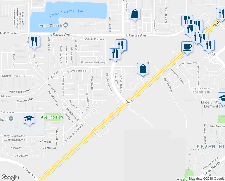 map of restaurants, bars, coffee shops, grocery stores, and more near 10850 Meridian Mills Road in Henderson