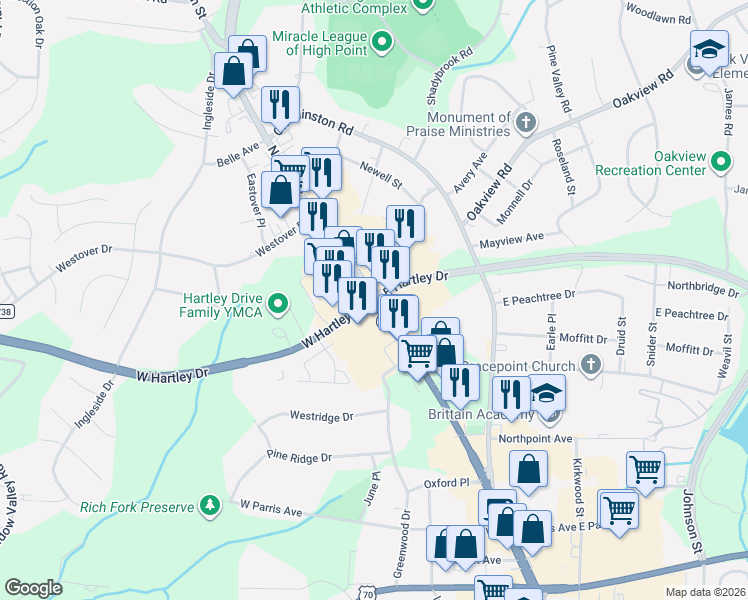 map of restaurants, bars, coffee shops, grocery stores, and more near U.S. 311 Business & N Main St & W Hartley Dr in High Point