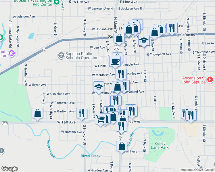 map of restaurants, bars, coffee shops, grocery stores, and more near 512 South Poplar Street in Sapulpa