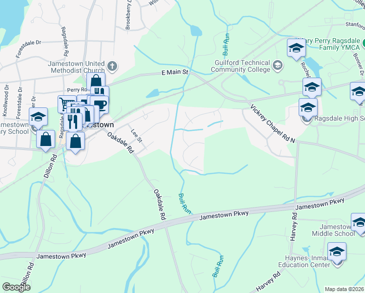 map of restaurants, bars, coffee shops, grocery stores, and more near 101 Crepe Myrtle Lane in Jamestown