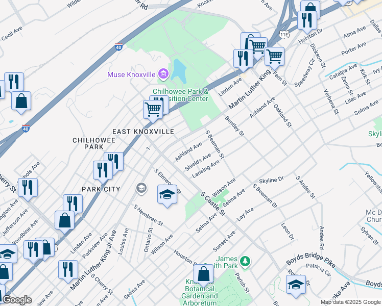 map of restaurants, bars, coffee shops, grocery stores, and more near 3200 Ashland Avenue in Knoxville