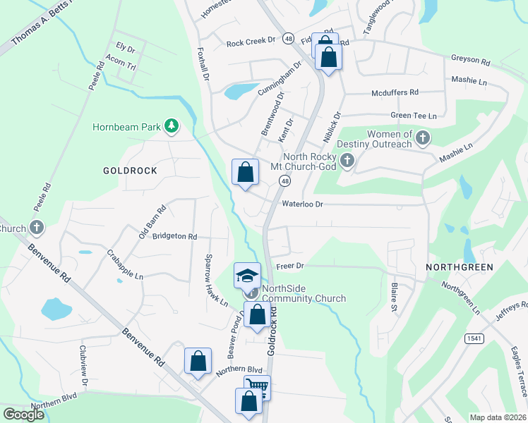 map of restaurants, bars, coffee shops, grocery stores, and more near 909 South Hornbeam Drive in Rocky Mount