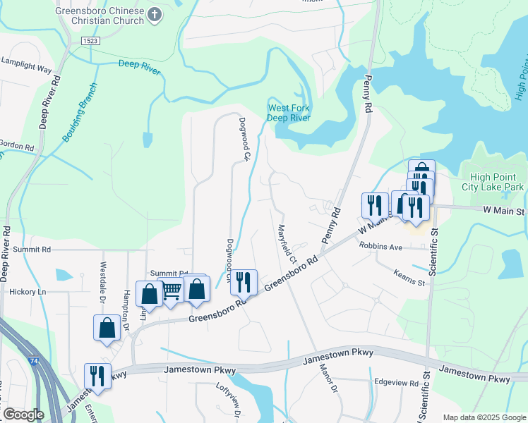 map of restaurants, bars, coffee shops, grocery stores, and more near 1041 Manor Drive in High Point