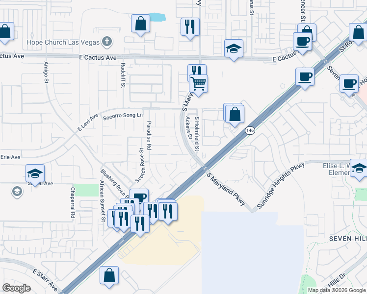 map of restaurants, bars, coffee shops, grocery stores, and more near 10850 Meridian Mills Road in Henderson