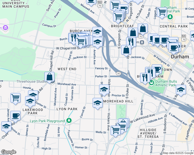 map of restaurants, bars, coffee shops, grocery stores, and more near 809 Parker Street in Durham